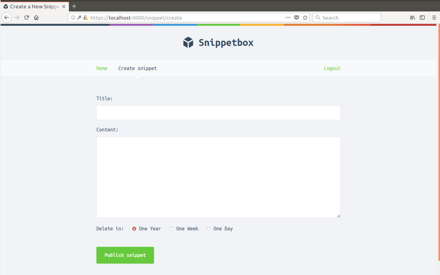Screenshot of Snippetbox application